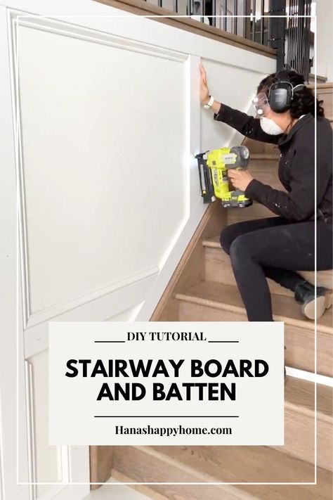 9 steps to create the a stairway board and batten Stairway Board And Batten, Diy Trim Molding, Board And Batten Hallway, Board And Batten Entryway, Batten Entryway, Stair Paneling, Diy Board And Batten, Coat Closet Organization, Entryway Design