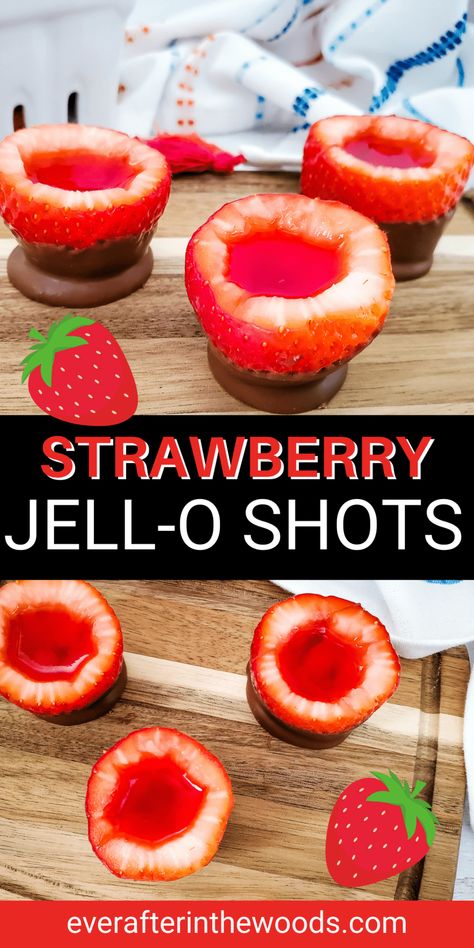 Strawberry Jello Shots - Ever After in the Woods Birthday Week Ideas, Jello Shot Ideas, Strawberry Jello Shots, Strawberry Shots, Edible Cups, Galentines Brunch, Strawberries Chocolate, Jell O Shots, Jello Shot