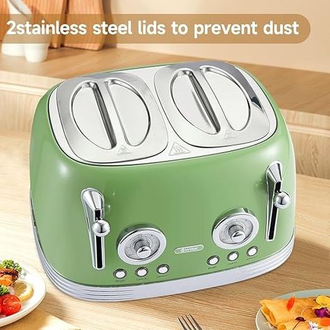 Amazon.com: Wiltal Toasters, Toaster Retro 2 Slice, Vintage Toaster, Green Toaster, With Stainless Steel Lid, With Bread Attachment, Preheat, Defrost And Cancel Functions, 6 Browning Levels (Green): Home & Kitchen Green Toaster, Vintage Toaster, Retro 2, Toasters, Green Home, Coffee Machines, Small Kitchen Appliances, Browning, House Stuff