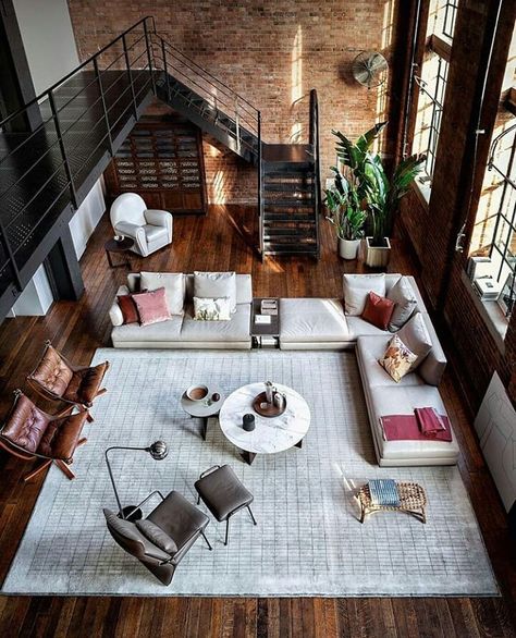 Beautiful loft space with exposed brick and wooden floors. Design by @palombaserafini for @poltronafrauofficial Industrial Penthouse, Italian Sofa Designs, Industrial Loft Design, Interior Design Examples, Comic Collage, Loft Inspiration, Scandinavian Style Home, Minimal Interior Design, Loft Interior Design