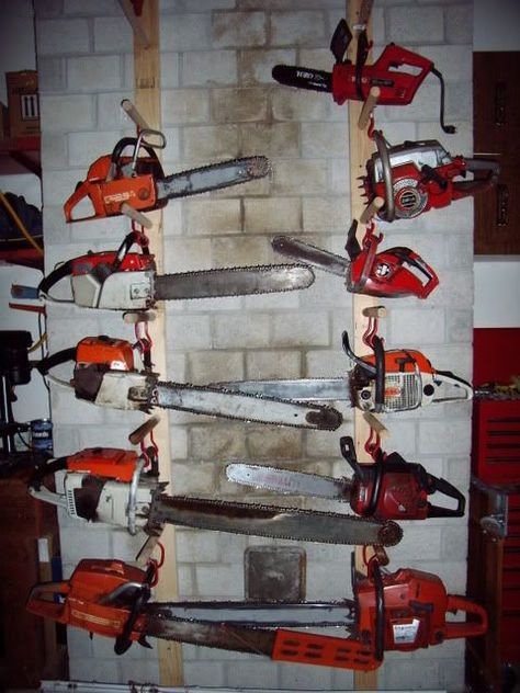 Chain Saw Storage, Chainsaw Storage Ideas, Chainsaw Storage, Saw Storage, Shed Organization, Tool Storage Diy, Garage Shed, Garden Tool Storage, Chain Saw