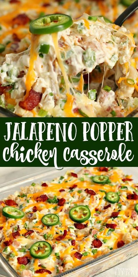 This Jalapeno Popper Casserole Recipe is a family favorite! This easy Jalapeno Popper Chicken Pasta Bake is made with jalapeno peppers, chicken, bacon, pasta, and cheese. Jalapeño Popper Quiche, Chicken Jalapeño Popper Casserole, Jalepeno Popper Chicken Broccoli Bake, Baked Jalapeno Chicken, Pepperjack Chicken Casserole, Jalapeño Chicken Recipes, Chicken Jalapeno Recipes, Jalapeno Pasta, Pioneer Woman Recipes Chicken