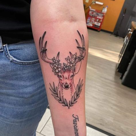 Flower Deer Crown Tattoo and leaves Deer Tattoos For Women, Deer Tattoo Meaning, Flowers Tattoo Ideas, Deer Tattoos, Deer With Flowers, Deer Head Tattoo, Antler Tattoo, Deer Skull Tattoos, Deer Tattoo Designs