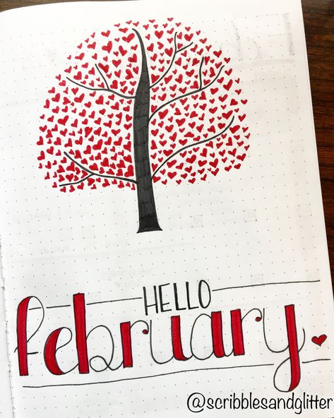 February cover spread page for my bullet journal The heart tree was so fun to doodle! IG:@scribblesandglitter Bullet Journal Month Cover February, Valentine Journal Ideas, February Journal Cover, Febuary Spreads Bullet Journal, February Drawings, February Title Page, February Doodles, Bullet Journal Febrero, February Bullet Journal Cover