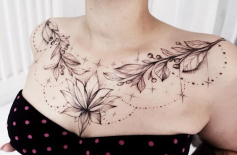 I like the shape and leafy bits Chest Tattoo Pieces Women, Womens Chest Piece Tattoo, Dove Chest Tattoo Female, Pretty Chest Tattoo Female, Front Chest Tattoo Female, Womens Chestpiece Tattoo, Chest Tattoos For Women Upper, Cool Chest Tattoos For Women, Collar Tattoos For Women