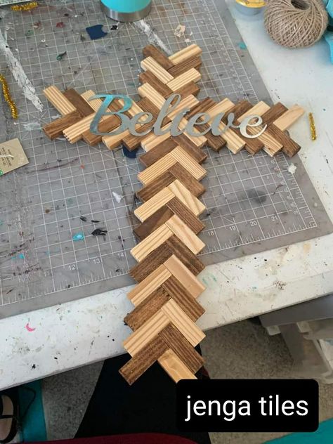 Diy Wooden Crosses Ideas, Jenga Block Cross Diy, Easter Jenga Block Crafts, Jinga Crafts, Dollar Tree Jenga Block Crafts, Jenga Block Crafts, Diy Jenga, Jenga Diy, Jenga Crafts