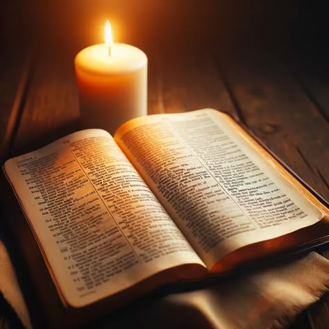 An open Bible on a wooden table, with its pages open to the Gospel of John. Beside the Bible, there is a small, lit candle symbolizing the light of Christ. The scene is warmly lit, with a focus on the Bible's pages, creating an atmosphere of warmth and inner peace. The candle's soft light illuminates the words, emphasizing the theme of divine peace and tranquility. Bible Photos Image, Bible Reading Pictures, Bible Pictures Photography, Open Bible Image, Bible Images Books, Christian Candles, Scripture Affirmations, Bible Photography, Bible Background