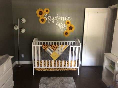 #sunflowernursery by Chaise Hallman #greyandyellow #babygirlnursery #sunflower Sunflower And Elephant Nursery, Sunflower Theme Nursery, Sunflower Nursery Ideas, Sunflower Nursery Theme, Sunflower Room, Sunflower Nursery, Baby Nursery Inspiration, Girl Nursery Themes