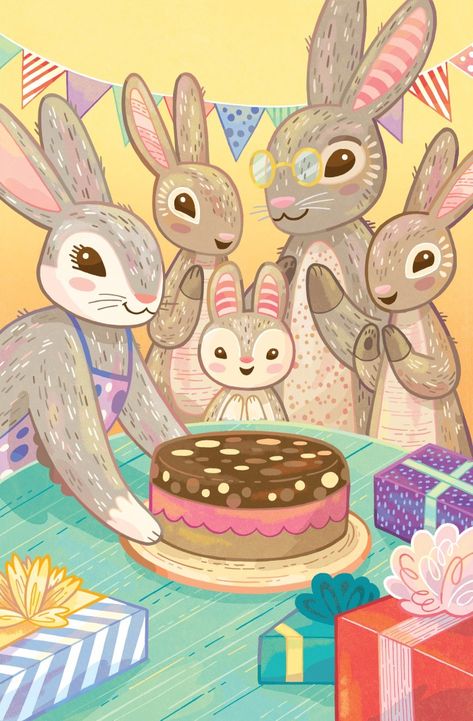 Birthday Cake Illustration, Illustrator Portfolio, Kids Reading Books, Cake Illustration, Happy Birthday Baby, Picture Books Illustration, Animal Birthday Party, Kids Study, Bunny Lovers