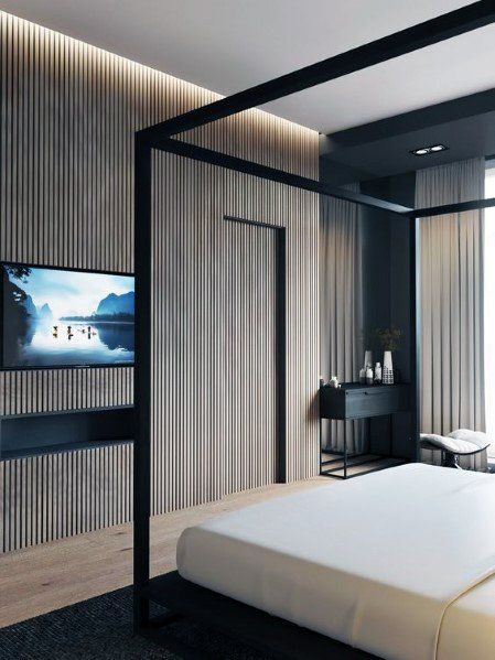 Sleek Wood Wall Ideas In Master Bedroom With Led Ceiling Master Suite Bedroom, Contemporary Bedroom Design, Casa Country, Interior Minimalista, Luxury Bedroom Master, Design Hotel, Trendy Bedroom, Modern Bedroom Design, Park Avenue