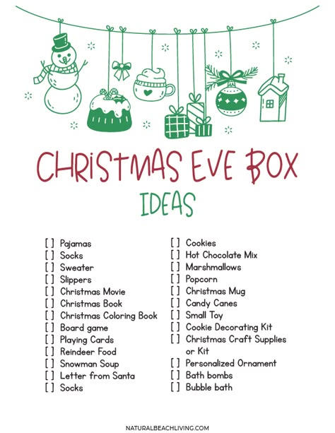 Christmas Eve Box Ideas Printables: Tips for a Memorable Holiday Celebration - Natural Beach Living Christmas Present Categories, Christmas Eve Box Decoration Ideas, Christmas Eve Kids Box Ideas, Christmas Eve Gift Box Ideas, Christmas Eve Kids Ideas, Christmas Eve Box Svg, Christmas Eve Boxes Ideas, Teen Christmas Eve Box Ideas, Christmas Eve Ideas For Family