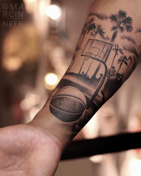 Marcin NIKIFORUK•Tattoo Artist on Instagram: “One of my all time favorite. Thanks a lot @kevona4 🙏🏻🏀 part 1/2” Basketball Tattoo Design, Thug Life Tattoo, Basketball Tattoos, Outer Forearm Tattoo, Sport Tattoos, La Tattoo, Sunset Tattoos, Health Tattoo, Full Arm Tattoos