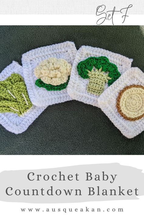 A crochet granny square pattern inspired by the fruit and vegetable themed baby countdown. Set 7 cover weeks 28-31: lettuce, cauliflower, broccoli, and coconut. #crochet #crochetpattern #freecrochetpattern #freepattern #grannysquare #grannysquareblanket #crochetblanket #crochetfruit #crochetvegetables #babycountdown #homedecor #handmade Pear Granny Square, Food Crochet Granny Square, Crochet Fruit Granny Square Pattern, Crochet Lettuce Pattern Free, Themed Granny Squares, Tomato Granny Square, Vegetable Granny Square, Granny Square Applique, Blueberry Granny Square