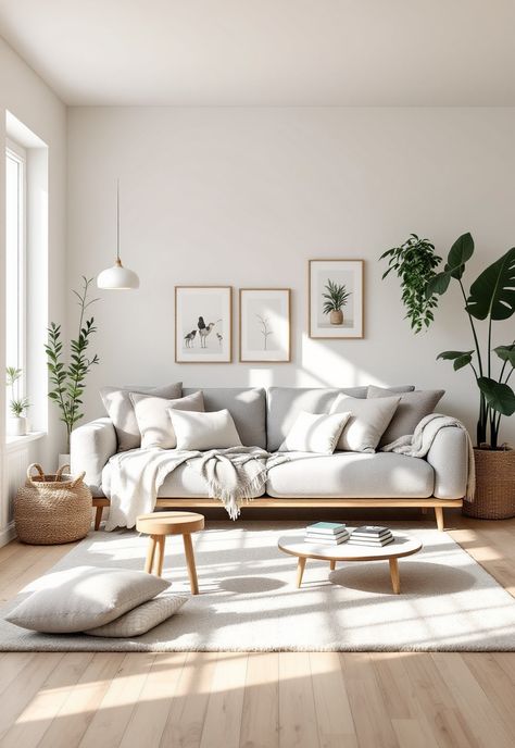 Grey Couch Living Room White Grey And Wood Living Room, Lounge Room Grey Couch, Style Light Grey Couch, Grey Sofa Oak Floor Living Room, Off White Sofa Living Room, Scandinavian Living Room Grey Couch, Scandinavian Sitting Room, Light Grey Couch Decor, White And Grey Living Room Ideas