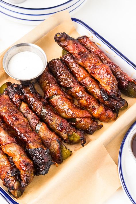 Air Fryer BBQ Bacon Wrapped Dill Pickles Bacon Wrapped Pickles, Wrapped Pickles, Gravy Fries, Spicy Bbq Sauce, Babaganoush Recipe, Bacon Appetizers, Bbq Bacon, Vegan Bacon, Homemade Gravy