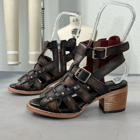 Nwot Leather Lined Leather Straps Hardware Open Toe Zipper Closure Wood Stacked Heel Comes With Dustbags 2.5” Heel Freebird Shoes, Brown Silver, Stacked Heel, Women's Shoes Sandals, Leather Sandals, Open Toe, Leather Straps, Shoes Sandals, Size 7