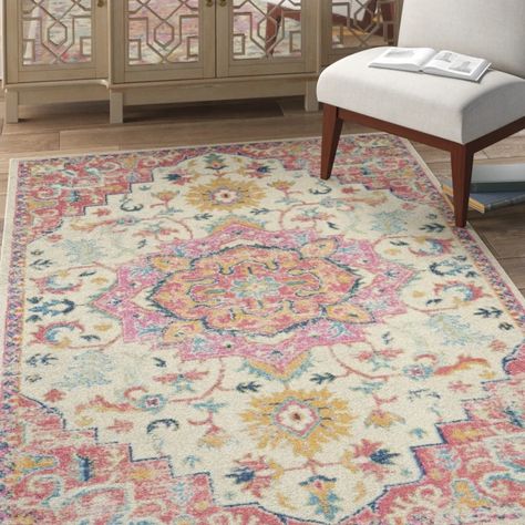 Bungalow Rose Mirazo Oriental Area Rug in Pink & Reviews | Wayfair Dorm Rugs, College Room, Persian Motifs, Pink Area Rug, Orange Area Rug, Beige Rug, Colorful Drawings, Pink Rug, My New Room