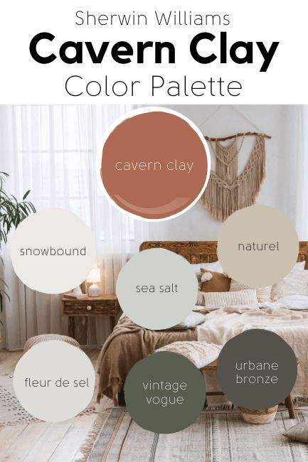 Wall Colors For Boho Living Room, Earth Tone Home Palette, Earthy Boho Color Scheme, Sw Boho Paint Colors, Living Room With Terracotta Accents, Cavern Clay Dining Room, Cozy Home Color Pallete, Interior Colour Palettes Mood Board, Sw Cavern Clay Bedroom