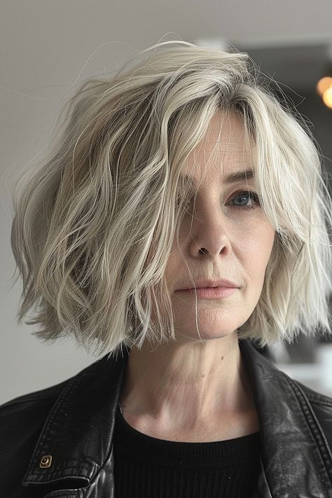 A textured blunt bob with platinum blonde hair and darker roots on a woman. Blonde Bob Root Shadow, Grey Choppy Bob, Tailored Midi Bob, Power Bob Haircut, Nape Length Bob, Salt And Pepper Bob Haircut, Textured Bob Blonde, Straight Short Bob Haircut, Fine Hair Bobs