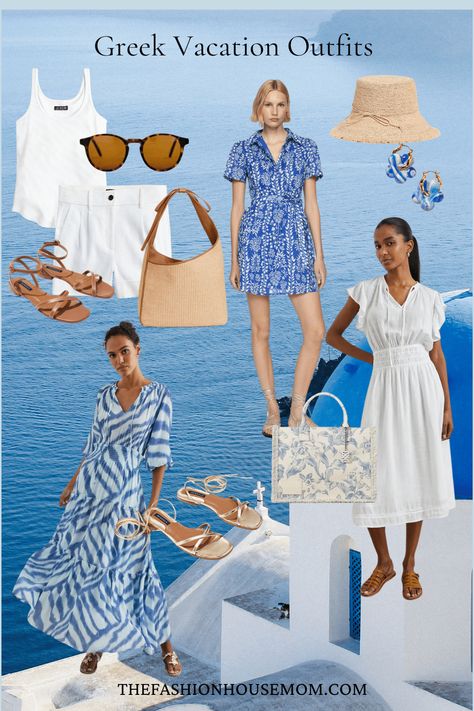 Greek Vacation Outfits Dress For Greece Vacation, Blue And White Greece Outfit, Greek Vacation Outfit Ideas, Vacation Modest Outfits, Greece Vacation Outfits Summer, Greek Holiday Outfits, Mediterranean Cruise Outfits, Greek Vacation Outfit, Blue And White Outfit Ideas