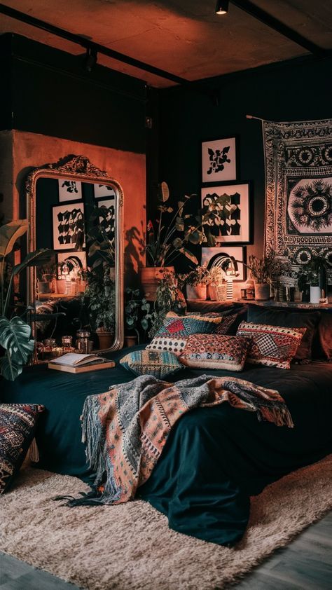 Bedroom With Tapestry Ideas, Dark Boho Chic Bedroom, Emo Boho Bedroom, Studio Apartment Aesthetic Dark, Cozy Dark Boho Bedroom, Black Eclectic Bedroom, Boho Bedroom Dark Wood, Moody Bohemian Bedroom, Black Primary Bedroom