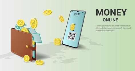 Money transfer from wallet into mobile ... | Premium Vector Transfer Money Design, Car Showroom Design, Money Poster, Happy Easter Banner, Money Financial, Rabbit Illustration, Easter Banner, 3d Vector, Money Design