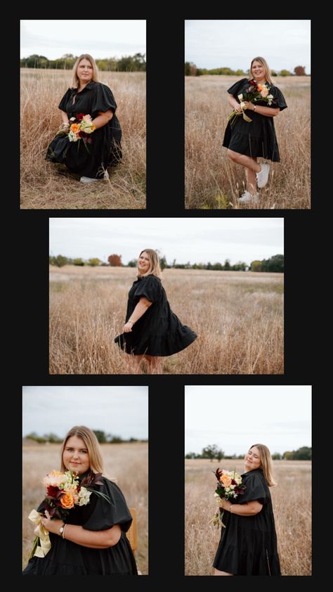 A Photoshoot taken in a field in the fall wearing a black, tiered dress with puff sleeves and holding a bouquet of flowered wrapped in gold ribbon. The field has waist-high wheat colored grasses and is framed with trees and the sky is overcast. Fall Field Photoshoot, Field Photoshoot Senior, Fall Field, Senior Portrait Ideas, Photoshoot Senior, Senior Photoshoot Poses, Plus Size Posing, Grad Outfits, Field Photoshoot