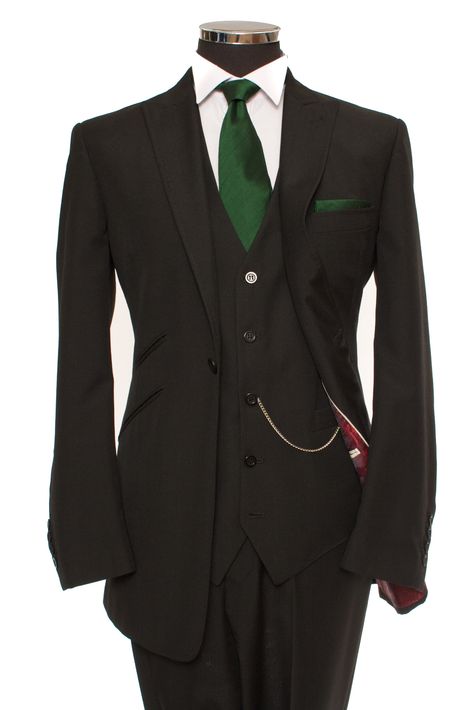 Exclusive Classic black 3 piece lounge suit. Very elegant for any groom getting married. Dressed here with our Laural green silk tie and hanky.   www.hughhharris.co.uk Groom Black Suit Green Tie, Green And Black Suit Men, Black Suit Green Accents, Black Suit Green Tie Wedding, Black Suit With Green Accents, Suit With Emerald Green Tie, Black And Green Suit Men, Black Suit With Green Tie, Louis Agreste