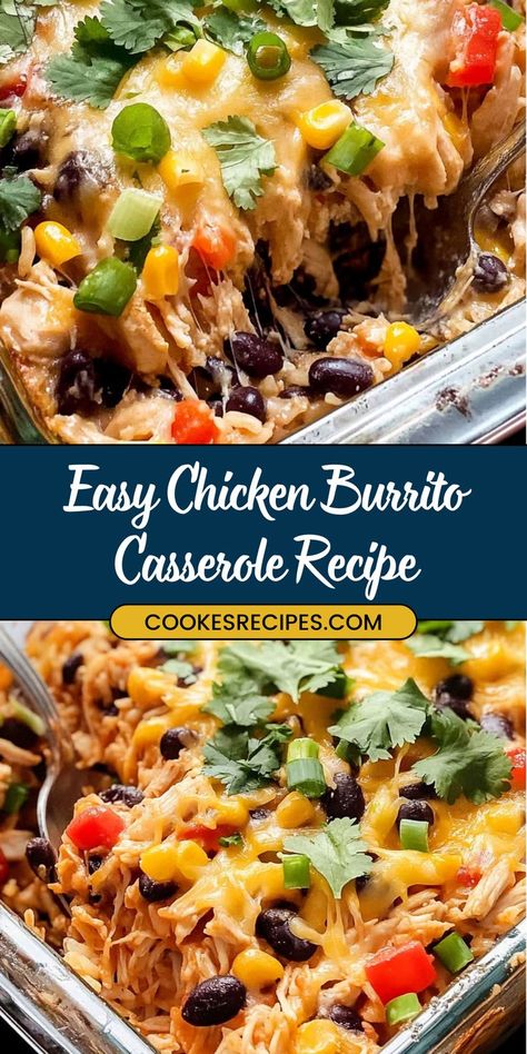 This easy chicken burrito casserole bakes to perfection with layers of rice, veggies, chicken, and cheese. Serve with fresh cilantro, avocado, and salsa for a satisfying meal! Mexican Chicken Rice Casserole, Chicken Burrito Casserole, Burrito Casserole Recipe, Chicken Rice Beans, Fast Dinner Ideas, Chicken Taco Casserole, Burrito Recipe Chicken, Fiesta Food, Beans And Cheese