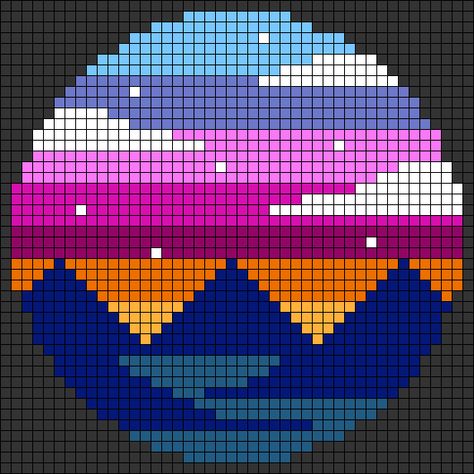 Mountain Perler Bead Patterns, Easy Perler Bead Patterns Animal, Simple Pixel Art Patterns, Pixel Art Animals, Sunset Mountains, Graph Paper Drawings, Crochet Wall Hangings, Pixel Crochet, Pixel Art Grid