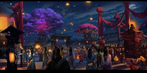 Qixi festival atmosphere, G liulian on ArtStation at https://www.artstation.com/artwork/0d5PE Fantasy Festival Art, Festival Concept Art, Qixi Festival, Asian Festival, Village Festival, Paradise Wallpaper, Festival Atmosphere, Fantasy Village, Festival Aesthetic