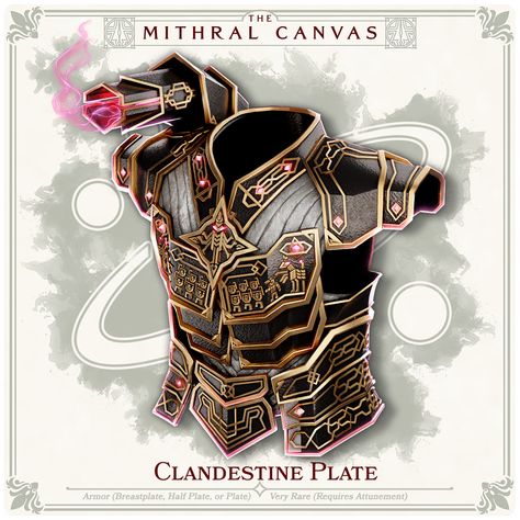 [OC-Art] Clandestine Plate| Armor [The Mithral Canvas] 5e : DnDHomebrew Magic Armor, Artifact Art, Plate Armor, Dungeons And Dragons 5e, Dnd Dragons, Dnd 5e Homebrew, Fantasy Props, Magic Design, Monster Concept Art