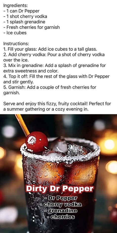 Dirty Dr Pepper, Drinks Alcohol Recipes Party, Fun Alcoholic Drinks, Rum Drinks Recipes, Hard Drinks, Christmas Drinks Alcohol Recipes, Recipes For Drinks, Christmas Drinks Alcohol, Cherry Vodka