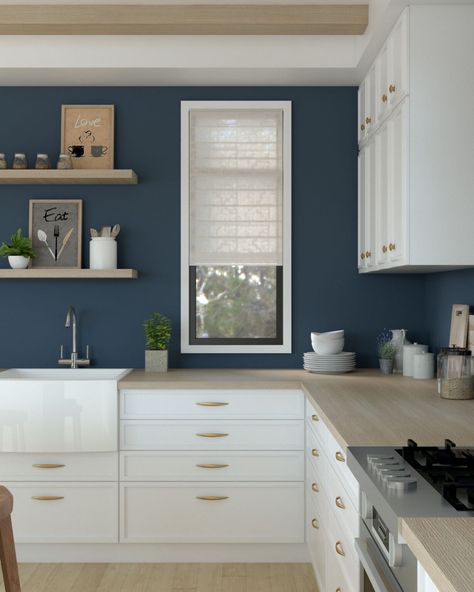 Blue Kitchens Walls, Blue Kitchen Accent Wall, Navy Walls In Kitchen, Coastal Kitchen Wall Colors, White Cupboards Kitchen Wall Color, Blue Paint For Kitchen Walls, White Kitchen Coloured Walls, Navy Walls Kitchen, Blue Kitchen Walls White Cabinets