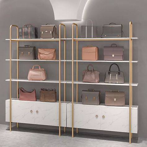 Metal Shelves Ideas, Purses Display Ideas, Bag Rack Ideas Shelves, Display Rack Design Retail Stores, Bag Rack Ideas, Bag Display Ideas, Bag Shelves, Bags Rack, Bag Store Display