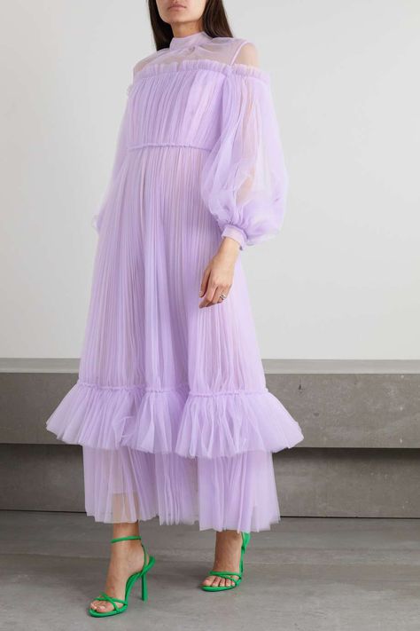 Lilac Tulle Dress, Huishan Zhang, Cold Shoulder Styles, Lilac Wedding, Wedding Guest Style, Net Dress, Tulle Gown, Modest Fashion Outfits, Kaftan Dress