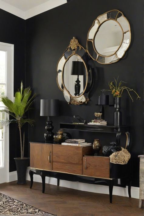 Black Magic paint, wall colors, home decor, living room ideas Black Paint Living Room, Black Living Room Accent Wall, Sw Black Magic, Black Accent Wall Living Room, Black Walls Living Room, Living Room 2024, Black Painted Walls, Cute Cottages, Black Accent Walls