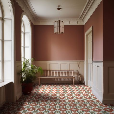 Red Floor Tiles Kitchen, Edwardian Style Bathroom, Victorian Entrance Tiles, Red And White Tiles, Victorian Tiled Floor, Check Kitchen Floor, Victorian Bathroom Floor Tiles, Tiled Entrance Hall, Red Bathroom Tiles