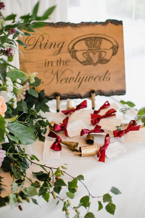 Irish wedding bells, ring in the newlyweds, wedding reception entrance, unique wedding ideas #weddingsigns #weddingreception Irish Wedding Bells, Ireland Wedding Decor, Elope Ireland, Irish Wedding Decor, Irish Wedding Ideas, Traditional Irish Wedding, Irish Wedding Favors, Handfasting Ideas, Irish Themed Weddings