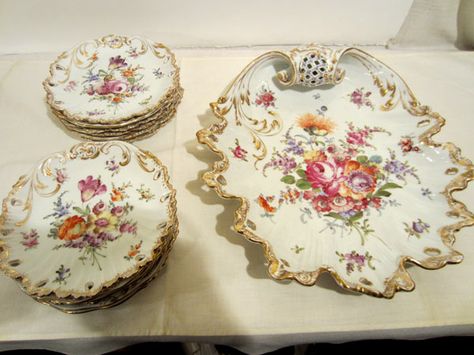 Dresden set with twelve dessert plates and rare platter Dresden China, China Cupboard, Registry List, Dresden Porcelain, Chic Chic, Beautiful Tea, Antique Keys, China Patterns, Dessert Plates