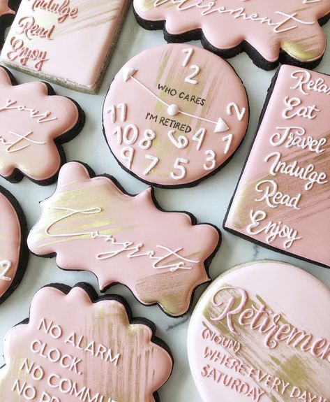 Retirement Cake Decorations, Retirement Cookies, Teacher Retirement Parties, Royal Icing Decorated Cookies, Royal Iced Cookies, Pink Cookies, Party Cookies, Retirement Party Decorations, Sugar Cookie Royal Icing