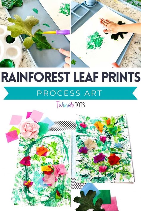 Leaf process art with toddlers can be done year-round. Yes, that’s right! You don’t have to stick with browns and oranges while creating prints. Instead, you can create vivid leaf prints using bright rainforest colors - different shades of greens or whatever you have on hand! Add texture with tissue paper to create beautiful flowers that pop off of the page. A unique rainforest leaf craft your toddlers will be begging to create again and again. Rainforest Preschool Crafts, Rainforest Toddler Crafts, Animal Process Art, Rainforest Crafts For Toddlers, Rainforest Activities For Toddlers, Rainforest Art For Toddlers, Rainforest Fine Motor Activities, Rainforest Crafts For Kids, Preschool Rainforest Activities