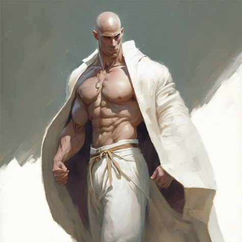 Fantasy Bald Male, Bald Warrior Fantasy Art, Bald Character Design Male, Dnd Character Portraits Male Human, Muscle Wizard, Bald Character Design, Bald Warrior, Monk Rpg, Anime People Drawings