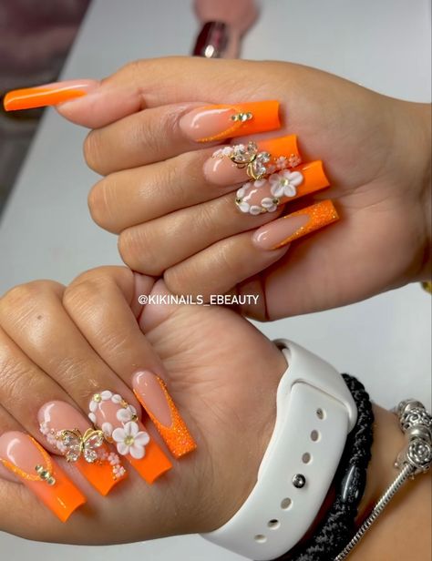 Orange Acrylic Nails, Prom Nails Silver, Gold Acrylic Nails, Flowers Glitter, Long Acrylic Nail Designs, Lavender Nails, Winter Nails Acrylic, Claw Nails, Nail Jewels