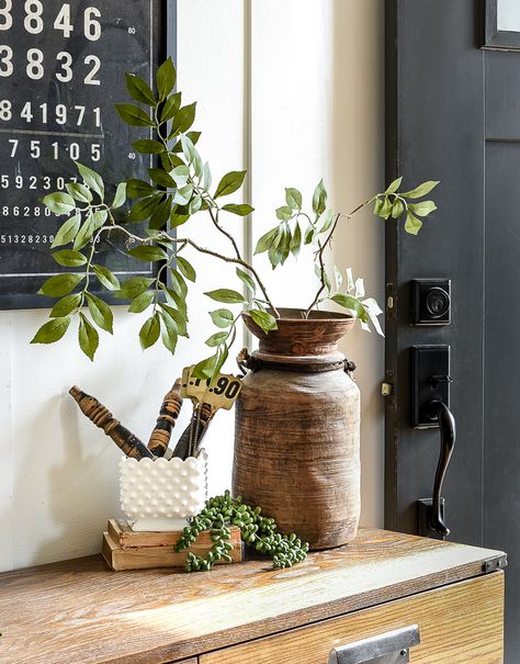 Faux Stems Bathroom, Artificial Branches In Vase, Vase With Greenery Decor, Best Faux Greenery Stems, Spray Paint Faux Plants, Realistic Faux Plants, Kitchen Mantle Decorating Ideas, Stems In Vases, Faux Branches In Vase