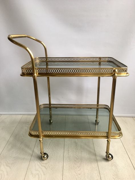 Vintage French Brass Drinks Trolley Vintage Drinks Trolley, Vintage Bar Cart, Vintage Drinks, Living Room Plan, East Grinstead, Mid Century Aesthetic, Vintage Bar Carts, Drinks Trolley, Second Hand Furniture