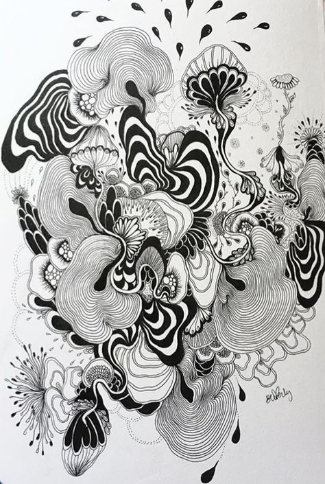 Trippy Ink Drawings, Trippy Zentangle, Funky Drawing Ideas, Drawing Ideas Black And White, Trippy Line Art, Fluid Tattoo Design, Funky Drawing, Drawing Ideas Black, Stylo Art