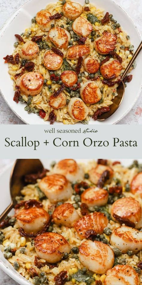 Pasta With Corn, Crispy Capers, Scallop Recipes Pasta, Summer Suppers, Scalloped Corn, Scallop Pasta, Fresh Scallops, How To Cook Scallops, Dried Scallops