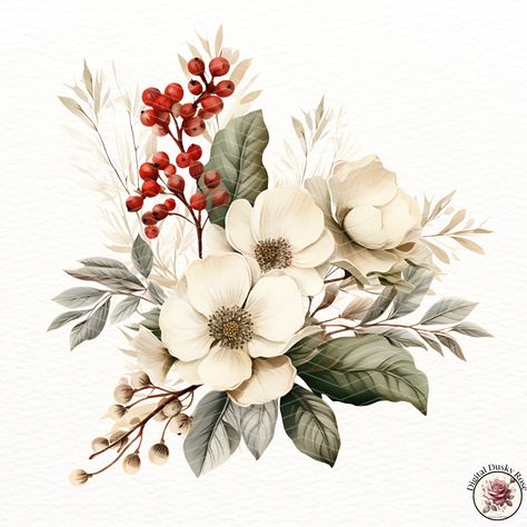 Sprinkle Festive Magic on Your Crafts! 🎄🎨 This holiday season, enchant your DIY projects with our exquisite Flowers Clipart! Blend the elegance of magnolia, the charm of rowan berries, and the refreshing touch of lush greenery into your scrapbooking and card making. These vibrant designs are perfect for adding a splash of seasonal flair to your festive decorations. Bring your imaginative ideas to life and let your creativity flourish this Christmas. Transform your crafts into winter wonders! ... Christmas Flowers Watercolor, Christmas Flower Drawing, Christmas Magnolia, Rowan Berries, Christmas Stock Photos, Bouquet Tattoo, Christmas Bouquet, Glass Painting Designs, Winter Bouquet