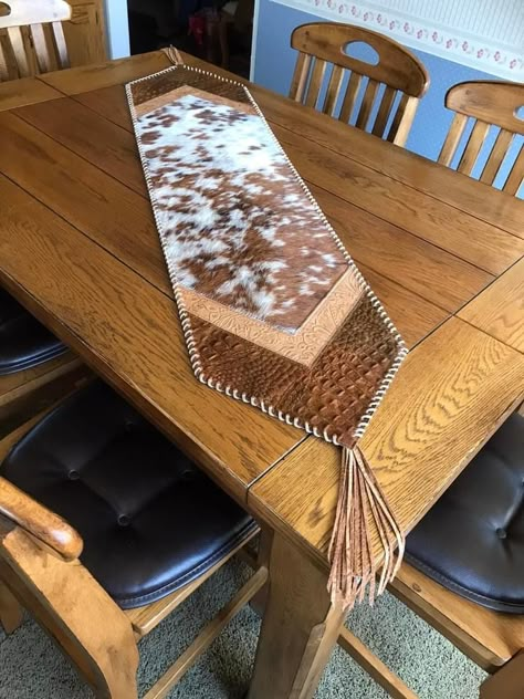 Western Table Runners Rustic, Cowhide Furniture Diy, Cowboy Kitchen Decor, Western Table Runner, Small Western Kitchen, Western Ranch Decor, Cowhide Decor Ideas, Leather Table Runner, Diy Cowhide Projects